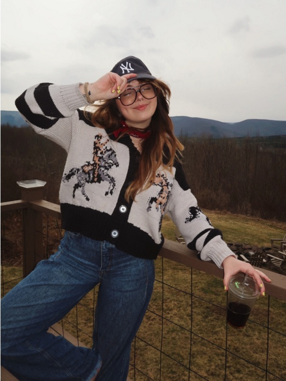 Pilcro Black & Cream Hooded Button-Front Horse Intarsia Cardigan Sweater SAMPLE